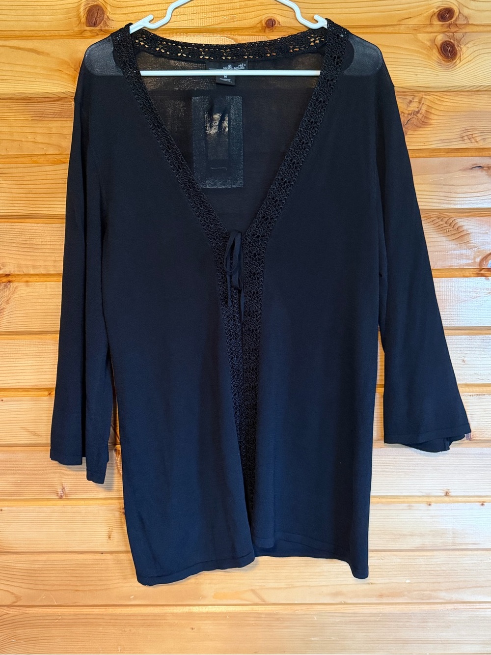 Ladies Black Crochet-Trim Open Tie Front Cardigan